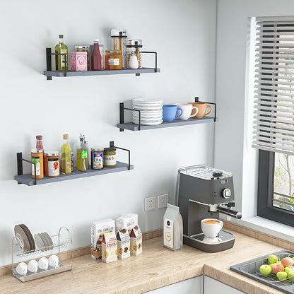 Floating Shelves, 24 Inches Easy to Install Wall Mounted Shelves, Set of 3, Rustic Wood Shelves for Wall Decor, Storage Shelves for Living Room (Grey)