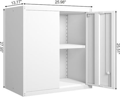 GREATMEET Locking Metal Wall Cabinet, Metal Storage Cabinet with 2 Shelves, Wall Mount Cabinet with Lock, Floating Garage Cabinets with Adjustable Shelf