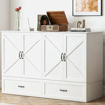 Mjkone Murphy Bed, Cabinet Beds Queen Size with Mattress Included, USB Charging Port, Drawer, Space Saving Queen Murphy Chest Bed, Hidden Cabinet Guest Wall Beds for Bedroom, Apartment, White