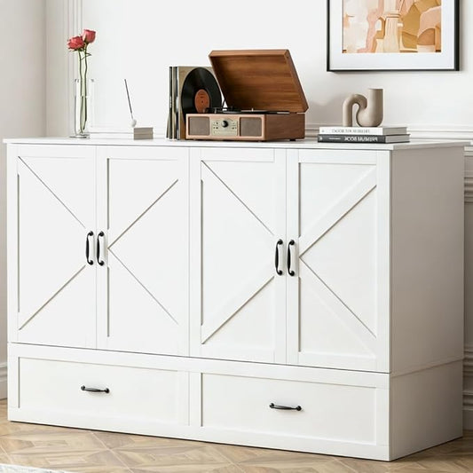 Mjkone Murphy Bed, Cabinet Beds Queen Size with Mattress Included, USB Charging Port, Drawer, Space Saving Queen Murphy Chest Bed, Hidden Cabinet Guest Wall Beds for Bedroom, Apartment, White