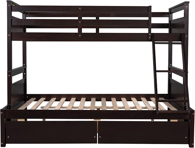 Twin Over Full Bunk Beds with 2 Under Bed Storage Drawers, Stronger & More Stable Bunkbed, Espresso