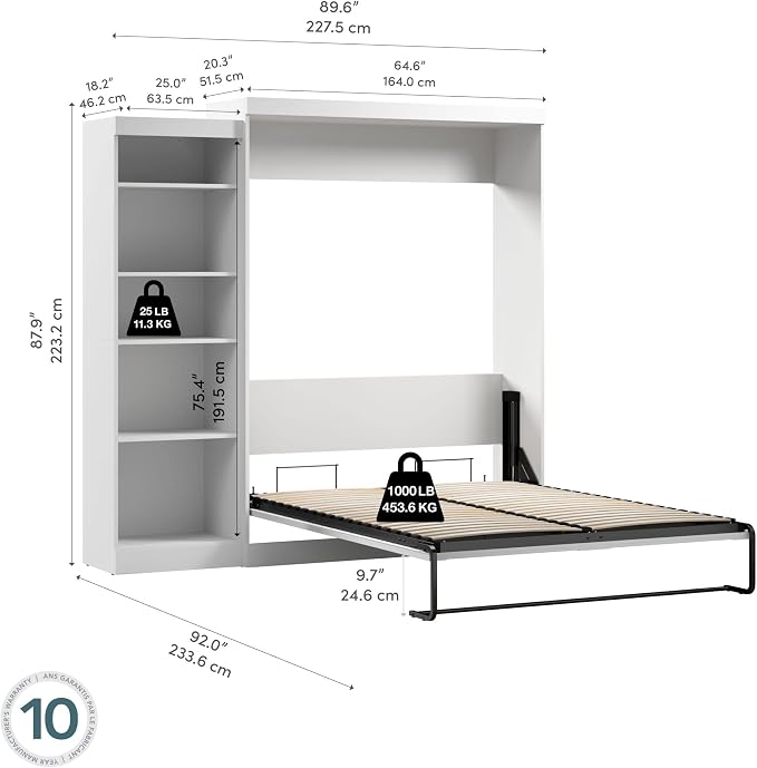 Bestar Pur Queen Murphy Bed with Shelving Unit, 90-inch Space-Saving Sleeping Arrangement for Multipurpose Area, Bedroom, Guest Room, or Living Room