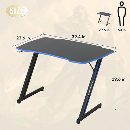 BestOffice Gmaing Desk Z Shaped 39.4in Computer Gaming Workstation Ergonomic Gaming Table with Headphone Hook for Game Players, Blue