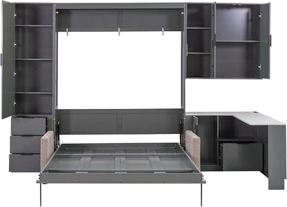 Merax Queen Size Wood Murphy Bed with Upholstered Sofa & Desk, Multifunctional Foldable Wall Platform Bed w/USB Charging Station for Guest-Room, Bedroom, Space Saving, Gray +Beige