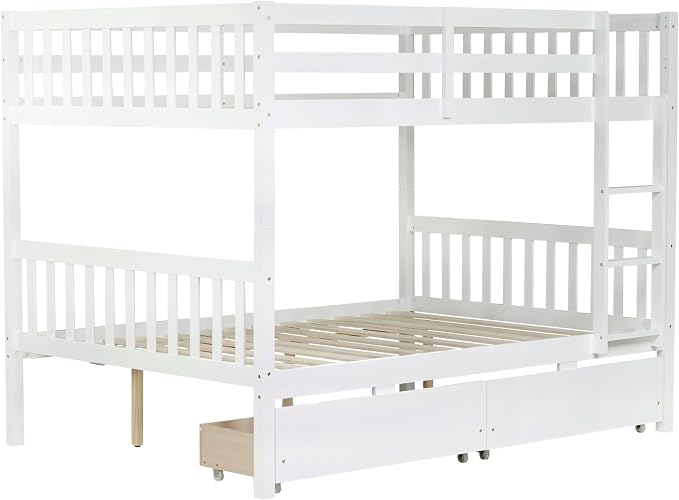 Ball & Cast Full Over Full Wood Bunk Bed for Kids,Convertible Storage Bunk Bed with Two Storage Drawers and Ladder,Can Be Divided Into Two Full Size Daybeds,No Box Spring Required,White