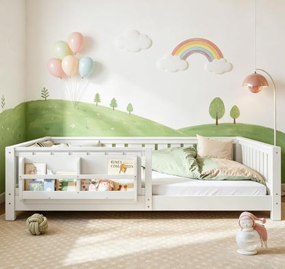 Bellemave Full Floor Bed with high Rails and with Built-in Bookshelf for Kids, Girls, Boys, Wood Montessori Floor Bed Without Door, White