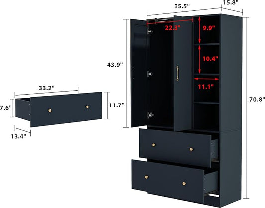 Wardrobe Armoire Closet with Mirror, 2 Door Wardrobe Cabinet with 2 Drawers & Extendable Hanging Rod, Bedroom Armoire Cabinet Clothes Organizer, Type A Blue (35.5" W x 15.8" D x 70.8" H)