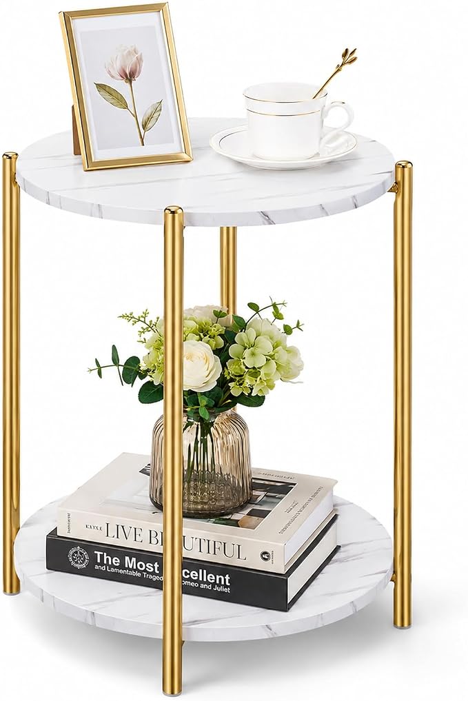 Round End Table with Faux Marble Top, 2-Tier Gold Side Table | Modern Accent Table with Gold Metal Frame for Living Room, Bedroom & Small Spaces
