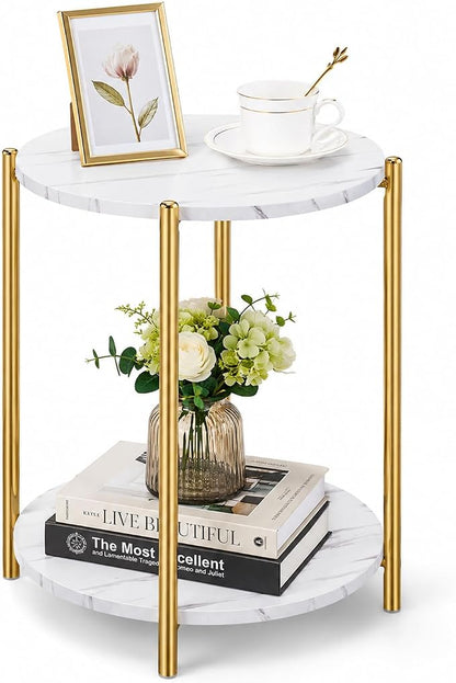 Round End Table with Faux Marble Top, 2-Tier Gold Side Table | Modern Accent Table with Gold Metal Frame for Living Room, Bedroom & Small Spaces