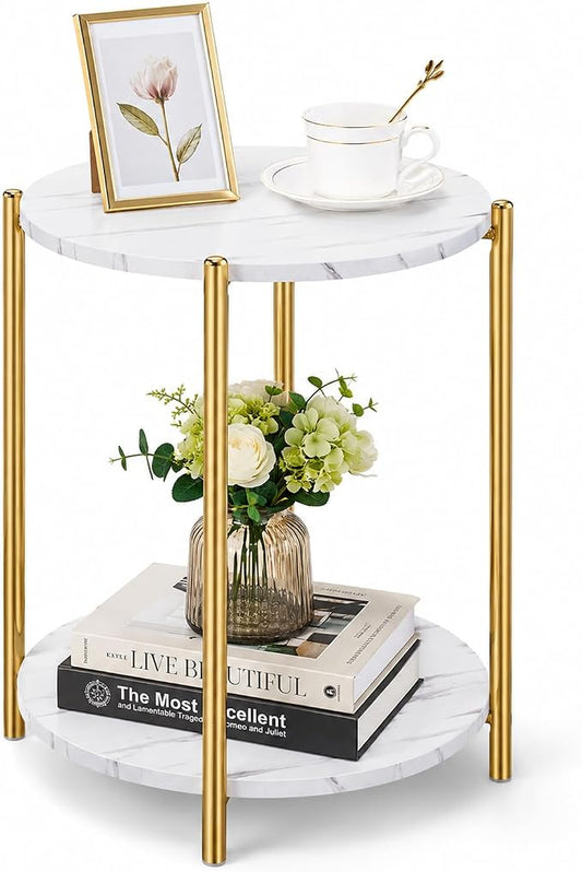 Round End Table with Faux Marble Top, 2-Tier Gold Side Table | Modern Accent Table with Gold Metal Frame for Living Room, Bedroom & Small Spaces
