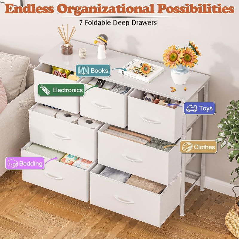 SHAWKEN Fabric Dresser for Bedroom One-Piece 7 Drawer Dresser Steel Frame Wide Fabric Storage Tower Wooden Top and Metal Frame for Closet Organizer Living Room Bedroom Room Dorm Room Hallway Black