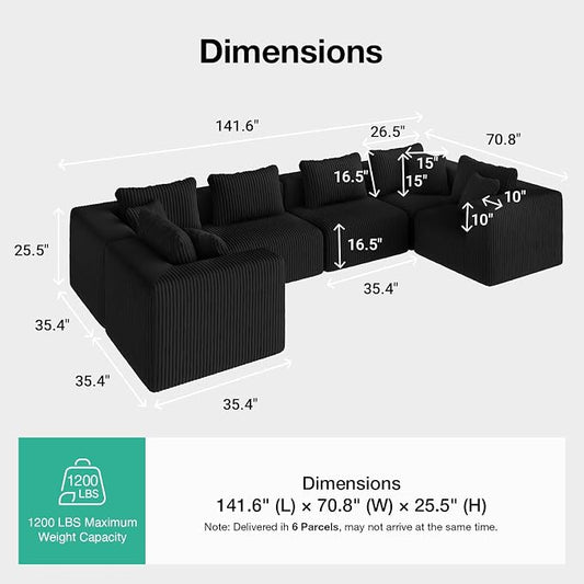 Novilla 141" Modular Sectional Sofa, Modern Cloud Sectional Couch with Smarts Coil® Support, U-Shape Upholstered Boneless Couch for Living Room Apartments Bedroom, No Assembly Required (6 Seat)