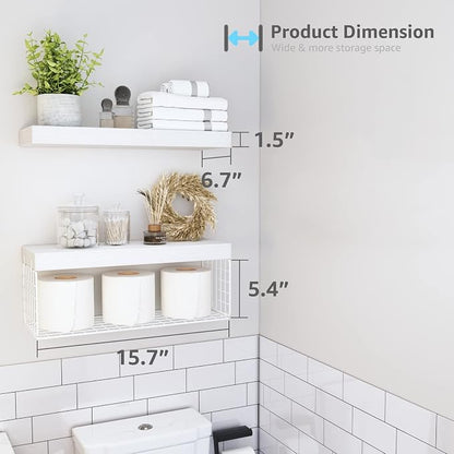 QEEIG White Bathroom Shelves Over Toilet - Wall Mounted Floating Shelves Farmhouse Shelf Toilet Paper Storage Small 16 inch Set of 2 (019-W2)