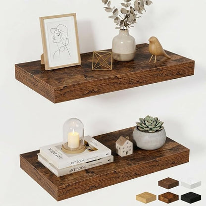 Fun Memories Wood Floating Shelves 20 Inch, 10 Inch Deep Shelves Wall Mount, Wall Shelves with Invisible Bracket, 20" Floating Shelves for Living Room Bathroom Bedroom, Rustic Brown, Set of 2