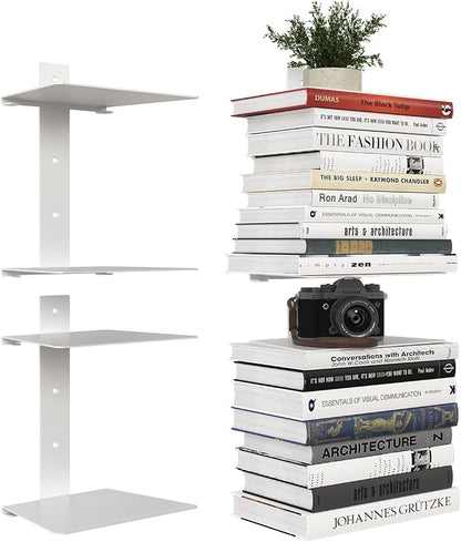 Wawocs Invisible Bookshelves for Wall, 4 Tier Floating Bookshelf Made of Heavy Duty Metal, Vertical Spine Book Tower Hanging Wall Bookshelf, Floating Book Shelves for Wall, 2 Pack White