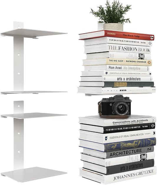 Wawocs Invisible Bookshelves for Wall, 4 Tier Floating Bookshelf Made of Heavy Duty Metal, Vertical Spine Book Tower Hanging Wall Bookshelf, Floating Book Shelves for Wall, 2 Pack White