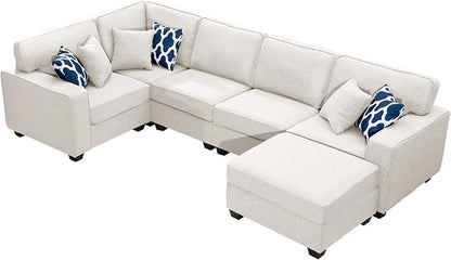 Legend Vansen Oversized Modular Sectional Sofa,U/L‑Shaped Reversible Couch with Ottoman,Deep Seat Plush Polyester Sofa for Living Room,6‑Seater,Cream