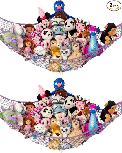 Lilly's Love Large Stuffed Animal Hammock | Corner Hanging Organizer, Toy Storage, Stuffed Animal Storage Net | Made from Quality Fishing Net, Holds 12lbs | 79"x63"x63" (Pastel Purple, 2 Pack)