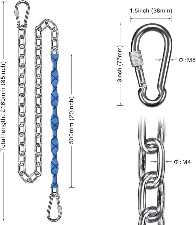 BeneLabel 2Pcs 85" Stainless Steel Swing Chain with Quick Connect Hooks 1000 lbs Capacity Porch Swing Chains for Hanging Hammock Chairs, Punching Bags, Hanging Chair Chains with Handle Grip Sleeve