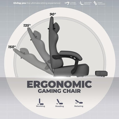 GTPLAYER Gaming Chair with Pocket Spring Cushion, Big and Tall Gamings Chairs 350LBS High Back Computer Chair with Footrest for Adults Lumbar Support Swivel Game Chair for Office, Leather Grey