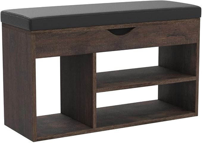 Apicizon 31 Inches Storage Bench with Padded Cushion, Shoe Bench with Storage Space, Upholstered Entryway Bench for Living Room, 2-Tier Shoe Rack Organizer, Brown