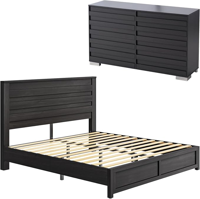 LUXOAK 2 Pcs Bedroom Furniture Sets - Includes 1 X Farmhouse 6 Drawers Dresser, 1X Farmhouse Queen Size Bed Frame with 49" Tall Headboard, Wooden Platform Bed with Hidden Metal Bed Frame, Black