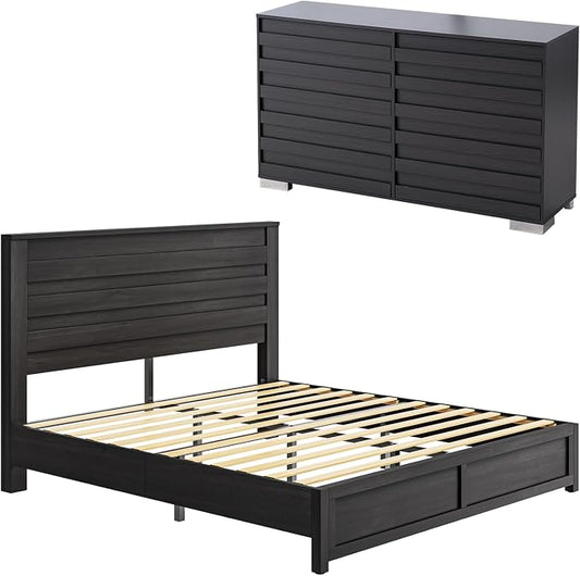 LUXOAK 2 Pcs Bedroom Furniture Sets - Includes 1 X Farmhouse 6 Drawers Dresser, 1X Farmhouse Full Size Bed Frame with 49" Tall Headboard, Wooden Platform Bed with Hidden Metal Bed Frame, Black