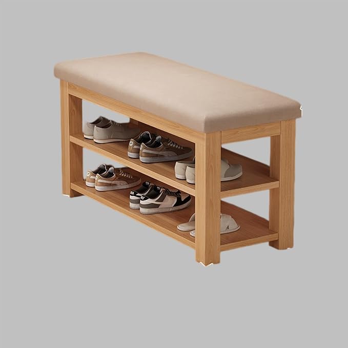 2 Tier Shoe Storage Bench for Entryway | Sturdy Rubberwood Shoe Rack with Cushioned Seat, Space-Saving Organizer for Closet(Yellow,60cm/23.6in)