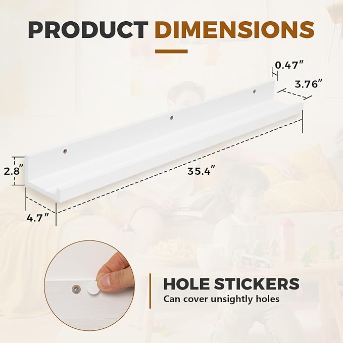 Muzilife 35.4" Large Floating Wall Ledge Shelves with Lip - Set of 2 Wood Floating Shelves - White Wall Mounted Picture Ledge for Office, Bathroom, Bedroom, Living Room, Kitchen