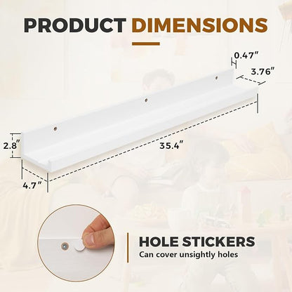 Muzilife 35.4" Large Floating Wall Ledge Shelves with Lip - Set of 2 Wood Floating Shelves - White Wall Mounted Picture Ledge for Office, Bathroom, Bedroom, Living Room, Kitchen