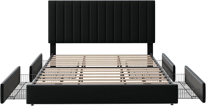 Allewie King Size Storage Bed Frame, Vertical Channel Tufted Adjustable Headboard, Velvet Upholstered Platform Bed with 4 Oversized Underbed Drawers, Wooden Slats Support, No Box Spring Needed, Black