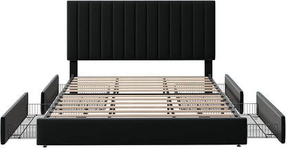 Allewie King Size Storage Bed Frame, Vertical Channel Tufted Adjustable Headboard, Velvet Upholstered Platform Bed with 4 Oversized Underbed Drawers, Wooden Slats Support, No Box Spring Needed, Black