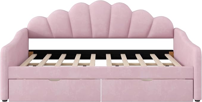 Merax Modern Upholstered Platform Bed Frame with Shall Shaped Backrest & Storage Drawers, Velvet Low Sofa Day Bed, No Box Spring Needed/Easy Assemble/Full,Pink