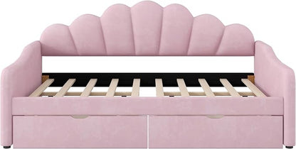 Merax Modern Upholstered Platform Bed Frame with Shall Shaped Backrest & Storage Drawers, Velvet Low Sofa Day Bed, No Box Spring Needed/Easy Assemble/Full,Pink