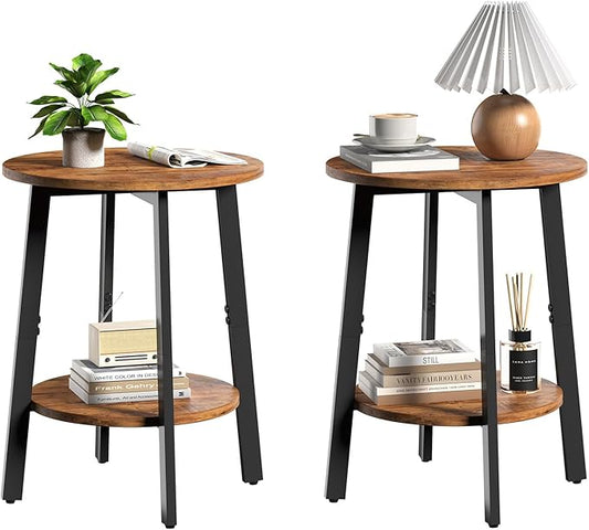 sthmec Side Table Set of 2, Small Round End Table with Storage Shelf for Small Space, 2-Tier Bedside Table Sofa Couch Table, Nightstands Set of 2 Accent Table for Living Room, Bedroom, Rustic Brown