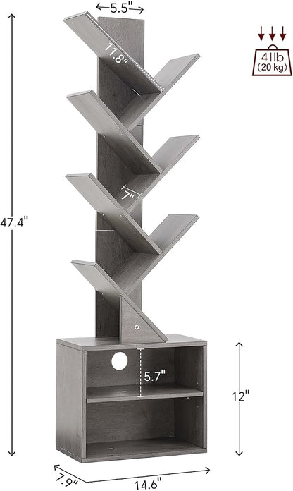 SUNMORY 6 Tier Tree Bookshelf, Tall Bookcase with Storage Cabinet, Modern Narrow Bookshelves Organizer, Floor Standing Book Shelf for Bedroom/Living Room/Home Office/Corner, Grey