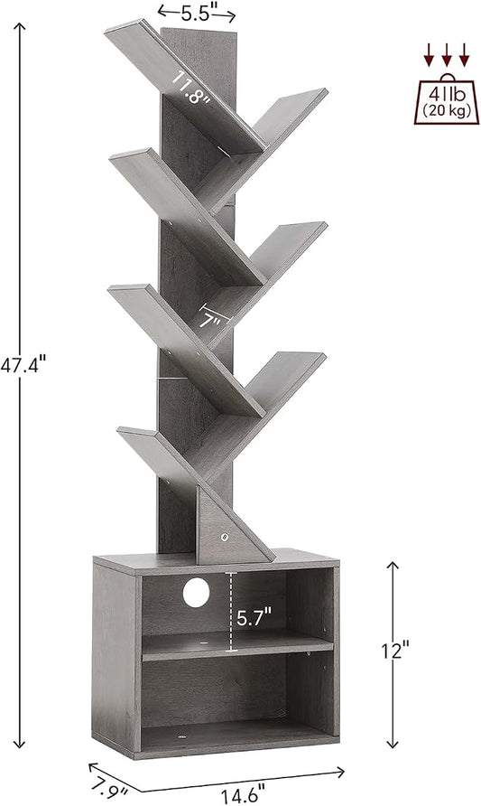 SUNMORY 6 Tier Tree Bookshelf, Tall Bookcase with Storage Cabinet, Modern Narrow Bookshelves Organizer, Floor Standing Book Shelf for Bedroom/Living Room/Home Office/Corner, Grey