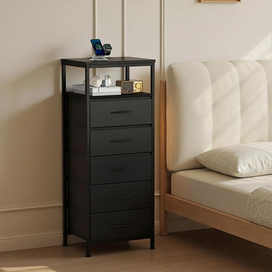 Sweetcrispy Nightstand with Charging Station, Dimmable LED Light Strip, 5 Fabric Storage Drawers, USB-C & AC Outlets, Sturdy Adjustable Feet, Modern Multifunctional Bedside Table, Black
