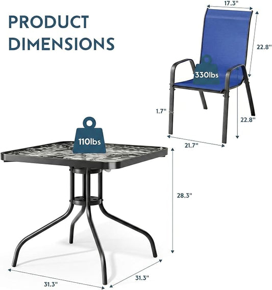 Arlopu 5 Piece Outdoor Patio Dining Set (Umbrella not Included), Porch Furniture with 4 Textline Chairs, 1 Square Glass Table for Garden, Backyard and Poolside, Lawn (Navy Blue)