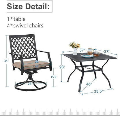 PHI VILLA 5 Pieces Outdoor Dining Set for 4, 37” Square Metal Steel Table with Mesh Tabletop & Swivel Wrought Iron Chairs with Cushions, Outside Furniture Set for Patio, Deck, Yard, Porch