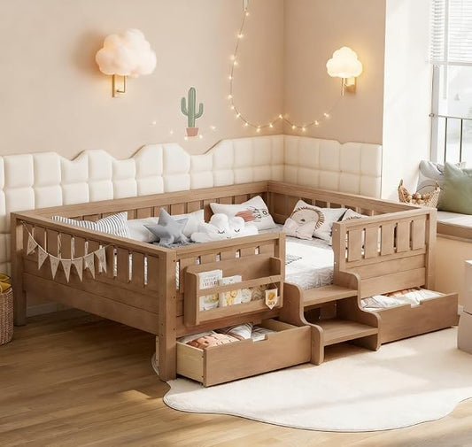 Bellemave Full Size Kids Bed with high Rails and with Built-in Bookshelf and Drawers for Kids, Girls, Boys, Wood Montessori Bed Without Door, Natural