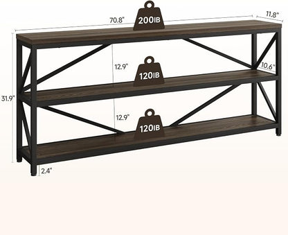 ONBRILL Industrial Console Sofa Table,70.8 Inch Extra Long Entryway Table with 3 Tier Wood Storage Shelf for Living Room, Hallway, Entrance, Narrow Sofa Table with Metal Frame, Black and Brown