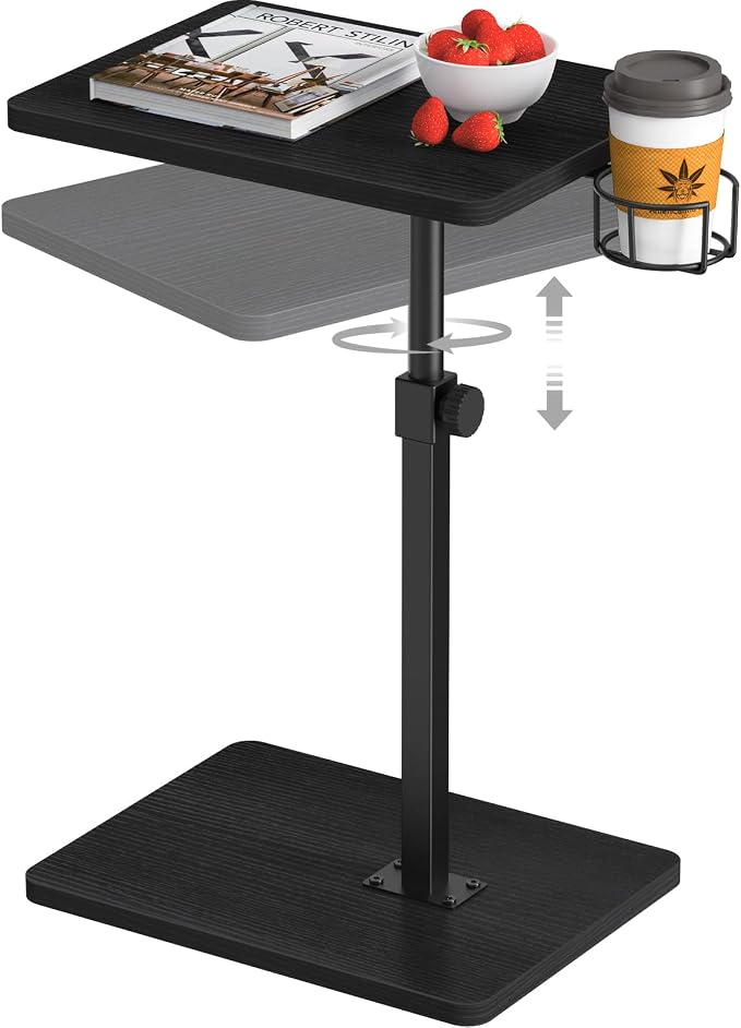 Giikin Side Table, 360 Swivel & Height Adjustable TV Trays for Eating on Couch, Sofa Armrest TV Tray Table with Cup Holder for Small Spaces, C-Shaped, Black, 11.8" D x 15.8" W x 31" H