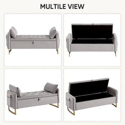 48" End of Bed Bench, Modern Storage Benches with Button-Tufted, Velvet Upholstered Storage Ottoman Bench for Foot of Bed with Arms, Gold Legs Window and Entryway, Light Grey