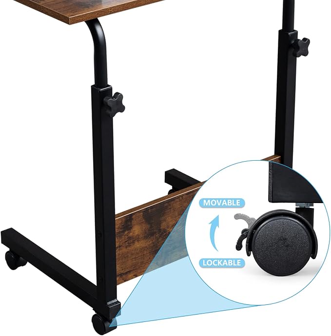 Standing Desk - Side Table Adjustable Height, Portable Laptop Cart, C-Shaped Bed Couch end Tables with Edge Stopper - Wheels for Living Room Bedroom Walking Pad Treadmill 23.6Inch Brown