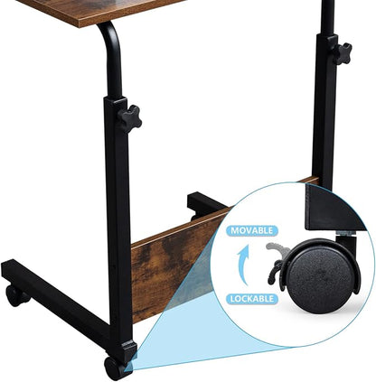Standing Desk - Side Table Adjustable Height, Portable Laptop Cart, C-Shaped Bed Couch end Tables with Edge Stopper - Wheels for Living Room Bedroom Walking Pad Treadmill 23.6Inch Brown