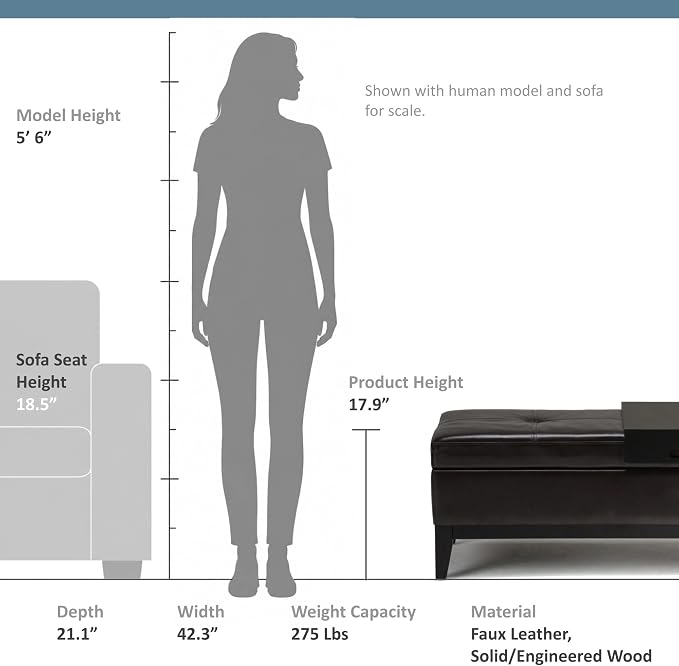 SIMPLIHOME Oregon Storage Ottoman Bench with Tray - 42 inch Wide Upholstered Vegan Leather Rectangle Ottoman Bench in Tanners Brown, Transitional Tufted Ottoman for Living Room with Lift-Up Lid