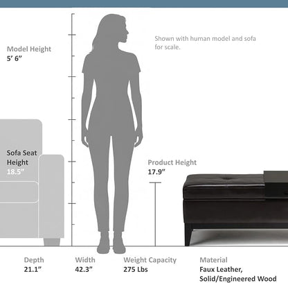 SIMPLIHOME Oregon Storage Ottoman Bench with Tray - 42 inch Wide Upholstered Vegan Leather Rectangle Ottoman Bench in Tanners Brown, Transitional Tufted Ottoman for Living Room with Lift-Up Lid