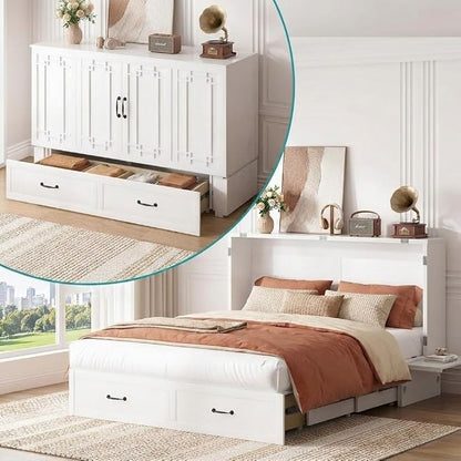 PUREMIND Queen Murphy Bed with Mattress Included, Murphy Cabinet Bed with Storage Drawer, Built-in Charging Station, Solid Wood Frame, Space-Saving Cabinet Beds for Small Spaces/Guest Room (White)