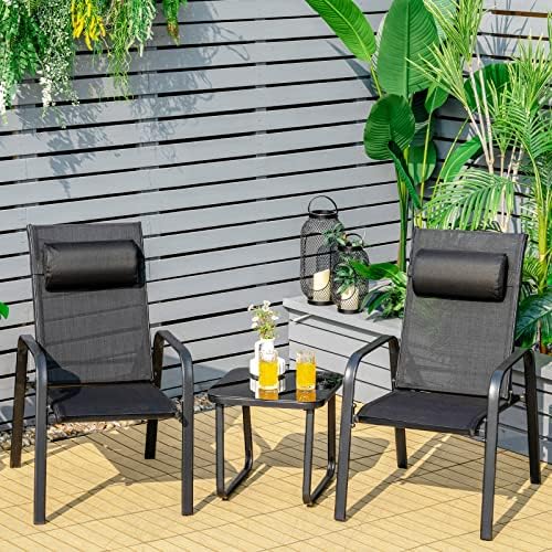 Tangkula 3-Piece Outdoor Bistro Set, Patio Stackable Chairs with Adjustable & Folding Backrest, Removable Headrest and Tempered Glass Coffee Table, Patio Conversation Set with Steel Frame (Black)